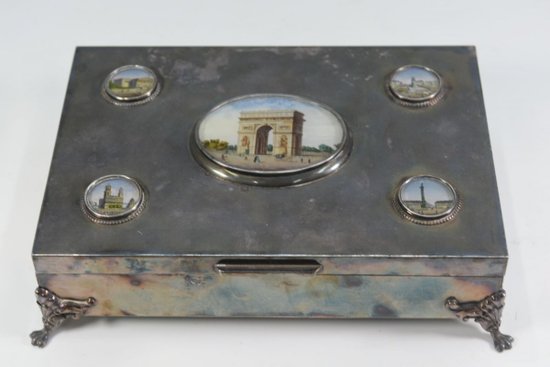 Cigar Box Metal Silver Medallions Paris Painted 19th century