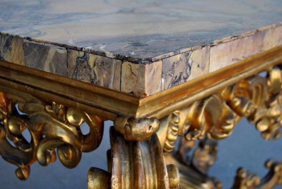 Large Rocaille Console Gilded Wood Roman Marble XVIIth