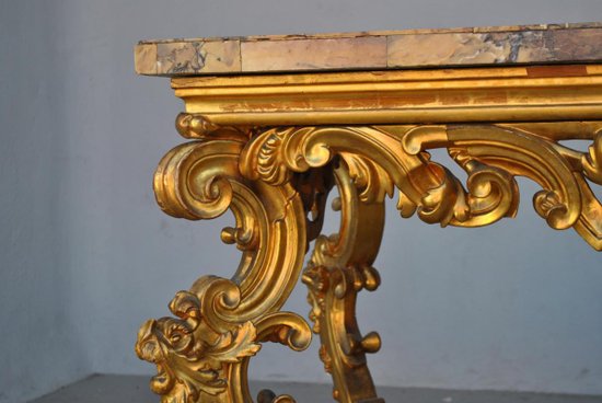 Large Rocaille Console Gilded Wood Roman Marble XVIIth