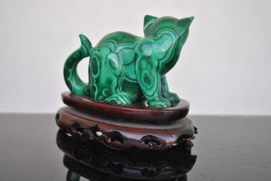 Statuette De Chat En Malachite Montée Sur Socle