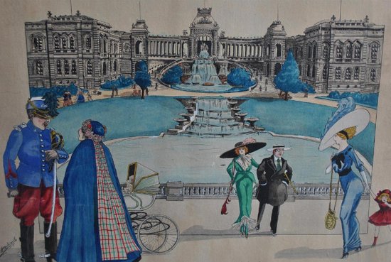 The Palais Longchamps Watercolor Drawing Signed A. Goliard Dated 1911