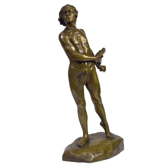 Bronze Patina Golden Representing David Signed Charbonneau Dated 1909