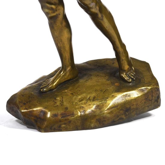 Bronze Patina Golden Representing David Signed Charbonneau Dated 1909