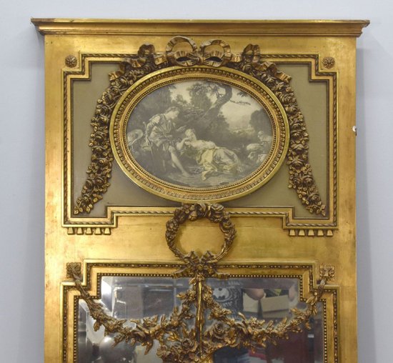 Louis XVI Style Trumeau In Wood And Golden Stucco Medallion Engraving