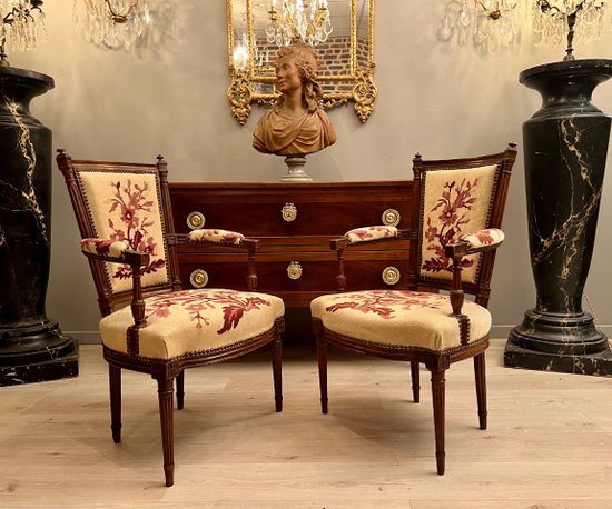 Pair Of Cabriolet Armchairs In Walnut Louis XVI Period Around 1780