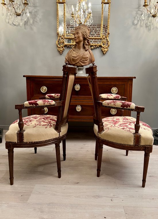 Pair Of Cabriolet Armchairs In Walnut Louis XVI Period Around 1780