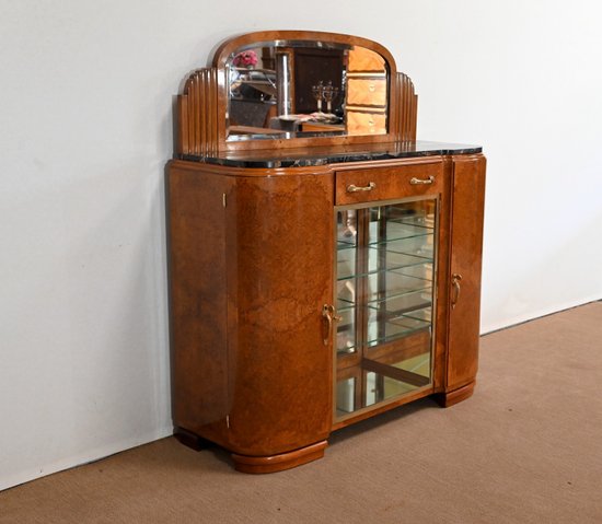 Buffet Vitrine in Thuya Lupe Furnier und schwarzem Marmor, Maison Stourm - 1940