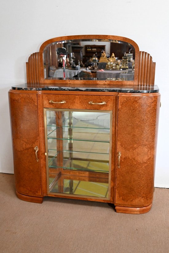 Buffet Vitrine in Thuya Lupe Furnier und schwarzem Marmor, Maison Stourm - 1940