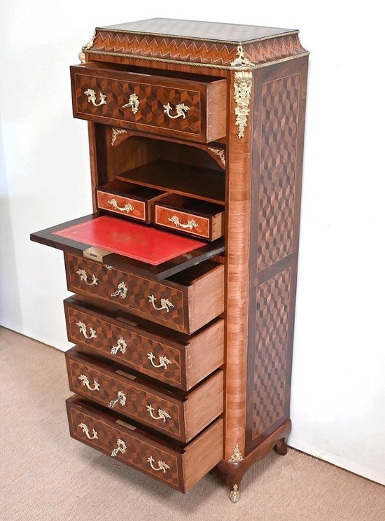 Secretaire Semainier in Legno Pregiato, Stile Luigi XV, Epoca Napoleone III - Metà del XIX Secolo