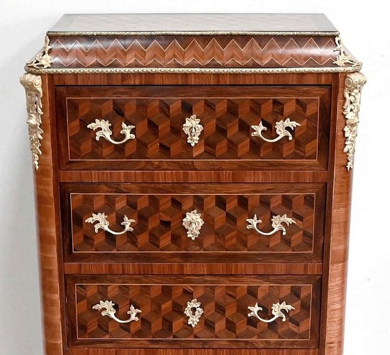 Secretaire Semainier in Legno Pregiato, Stile Luigi XV, Epoca Napoleone III - Metà del XIX Secolo