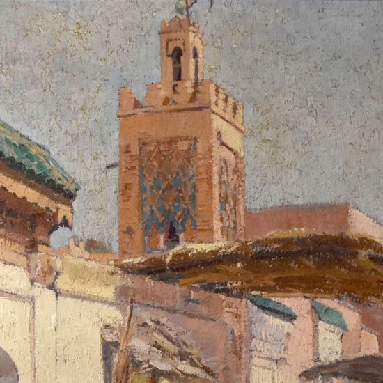 Oil On Canvas Mosque In Marakech By Paul Jean Anderbourh