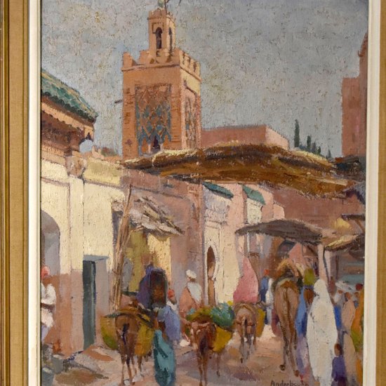 Oil On Canvas Mosque In Marakech By Paul Jean Anderbourh