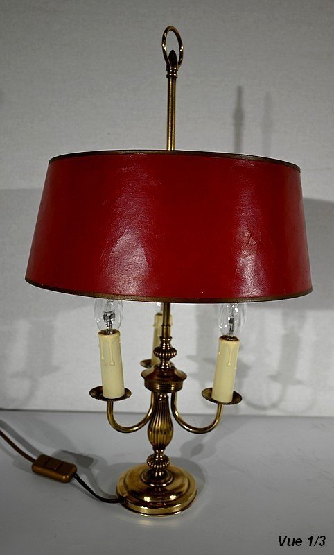 Lampe Bouillotte en Laiton à abat-jour Rouge, style Louis XVI – XXe