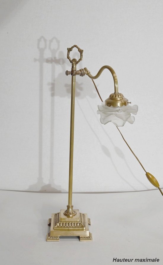 Petite Lampe Tulipe en Verre et Bronze, réglable, Art Déco – 1920