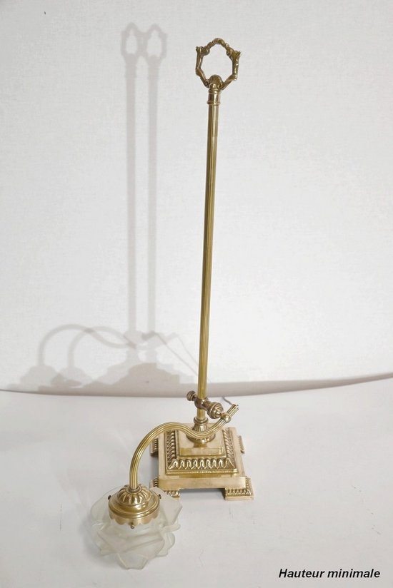 Petite Lampe Tulipe en Verre et Bronze, réglable, Art Déco – 1920