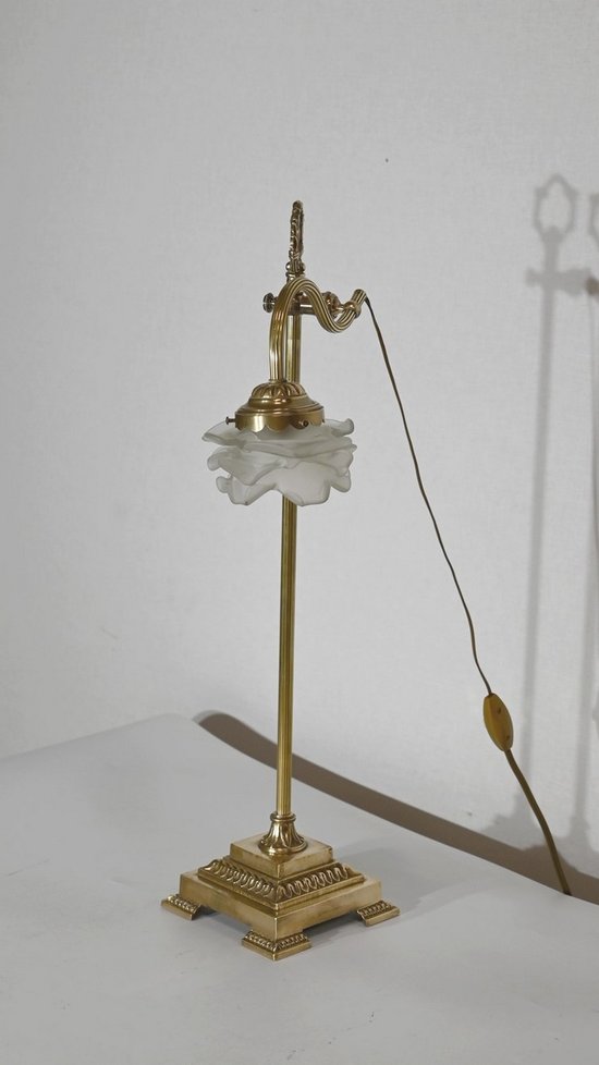 Petite Lampe Tulipe en Verre et Bronze, réglable, Art Déco – 1920