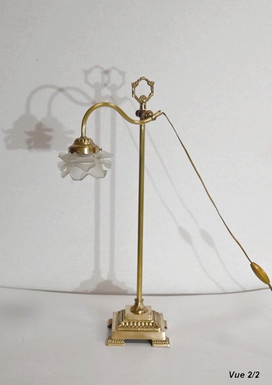 Petite Lampe Tulipe en Verre et Bronze, réglable, Art Déco – 1920