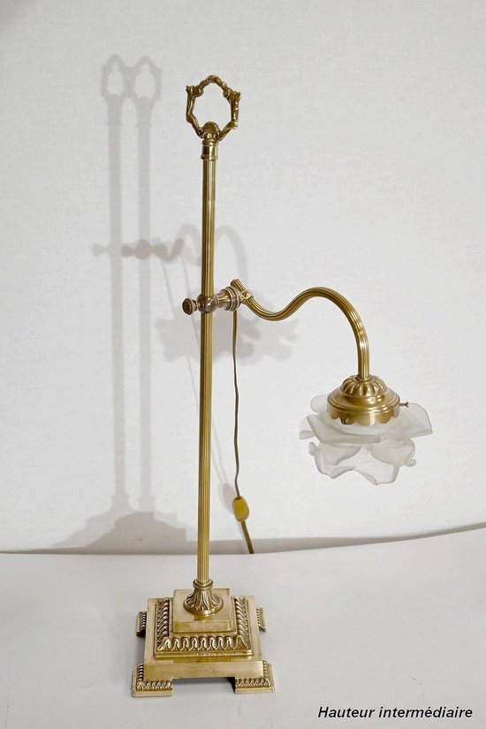 Petite Lampe Tulipe en Verre et Bronze, réglable, Art Déco – 1920