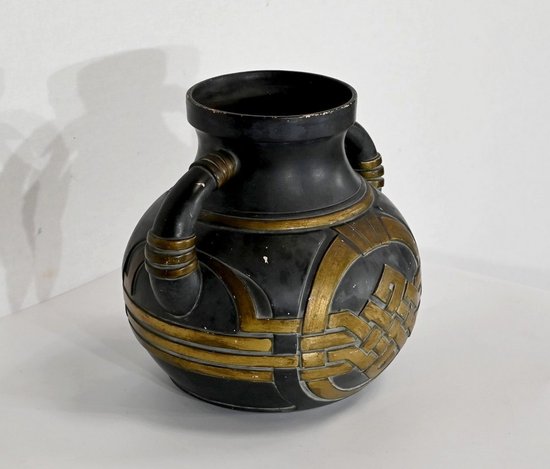 Anthrazitfarbene und goldene Terrakottavase – 1900