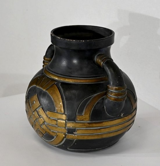 Anthrazitfarbene und goldene Terrakottavase – 1900