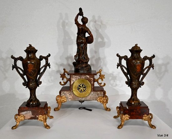 Garniture de cheminée en Régule et Marbre griotte – 1920