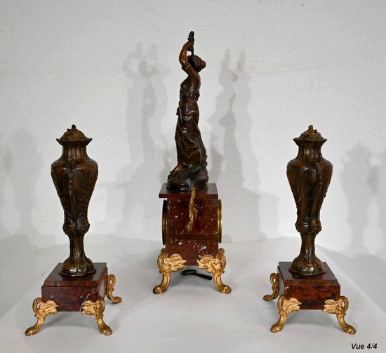 Garniture de cheminée en Régule et Marbre griotte – 1920