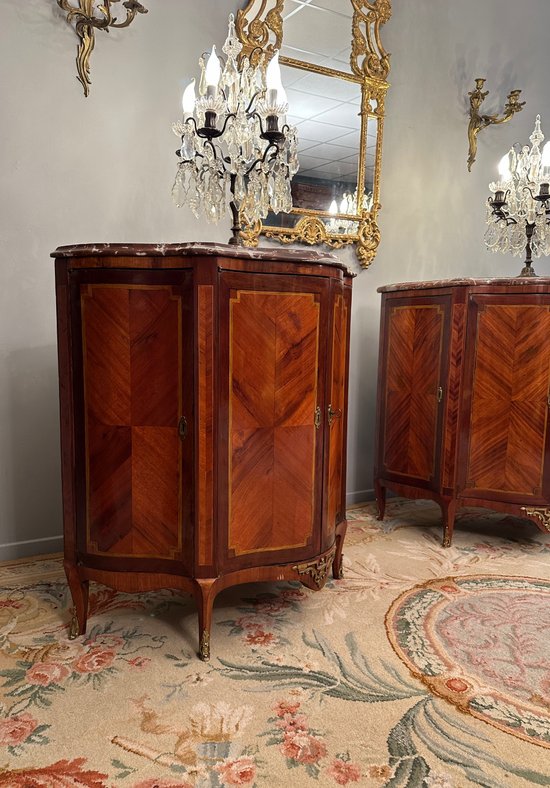 Pair Of Curved Buffets In Marquetry Transition Louis XV Louis XVI XVIII