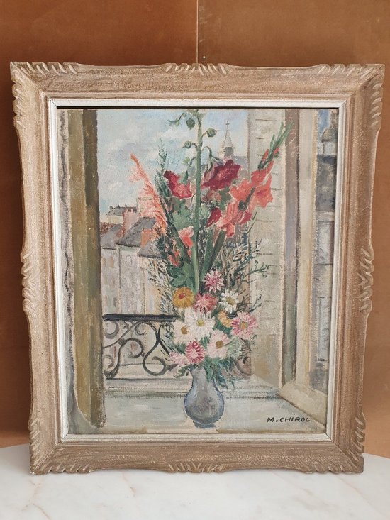 Marguerite Chirol, Bouquet Of Flowers At The Window, Paris, Oil On Canvas, 20th century.