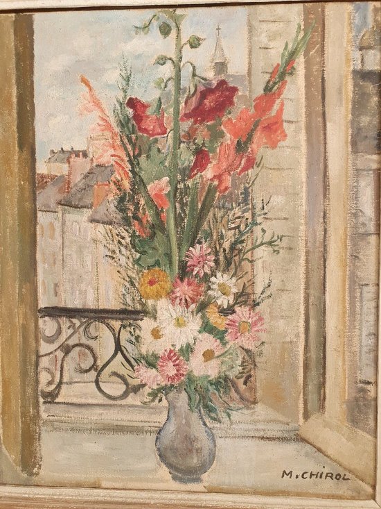 Marguerite Chirol, Bouquet Of Flowers At The Window, Paris, Oil On Canvas, 20th century.