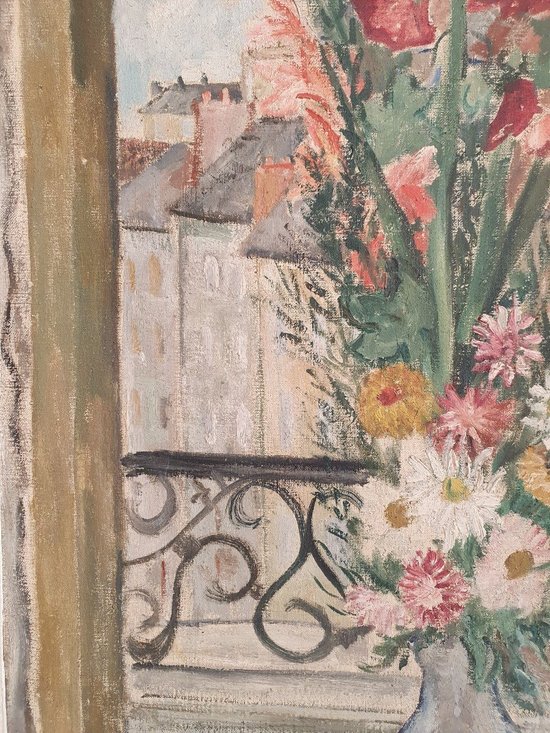 Marguerite Chirol, Bouquet Of Flowers At The Window, Paris, Oil On Canvas, 20th century.