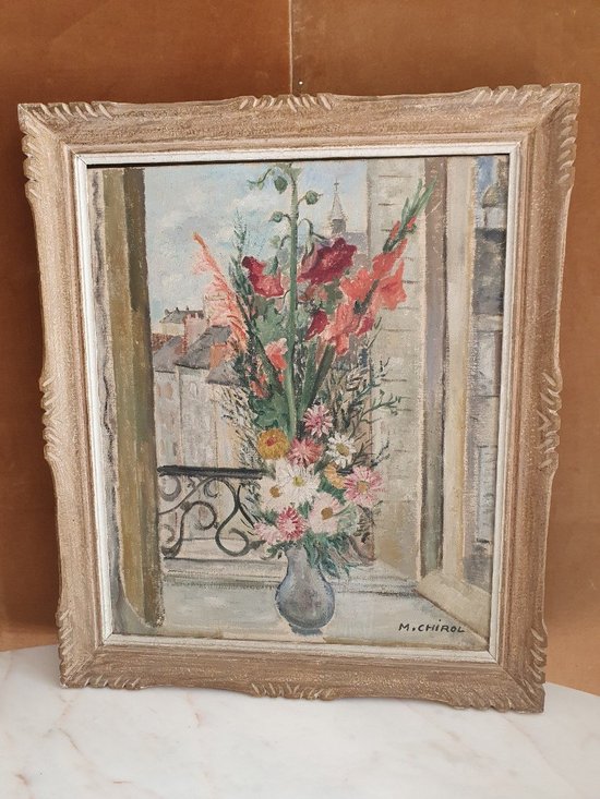 Marguerite Chirol, Bouquet Of Flowers At The Window, Paris, Oil On Canvas, 20th century.