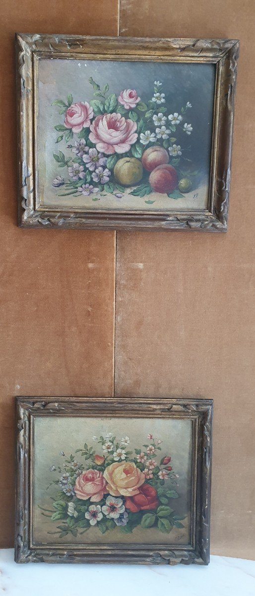 Pair Of Still Lifes With Bouquets Of Flowers, Oil On Hardboard, 20th Century.