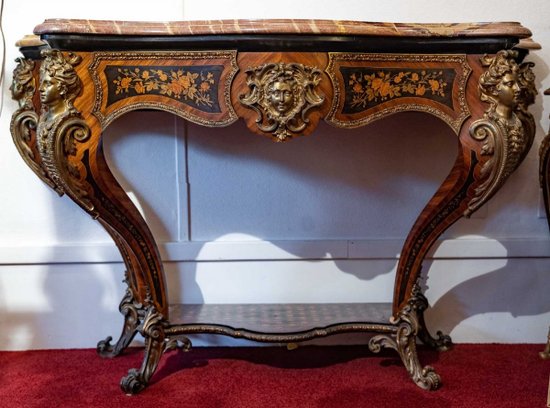 Coppia di console in legno esotico intarsiato Napoleone III