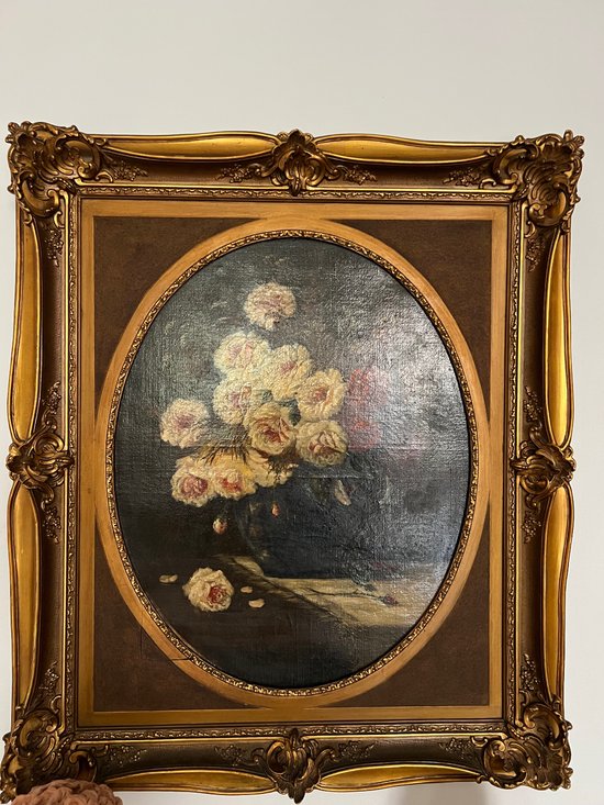 Painting peony flower bouquet signed late 19th century