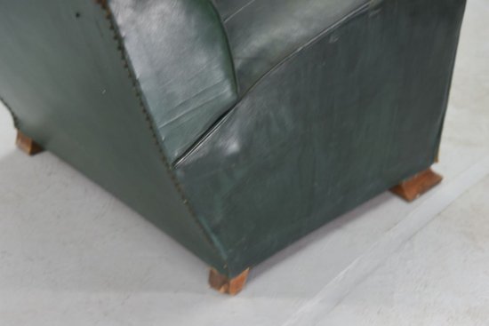 Club Armchair In Green Leather Art Deco Period 1940