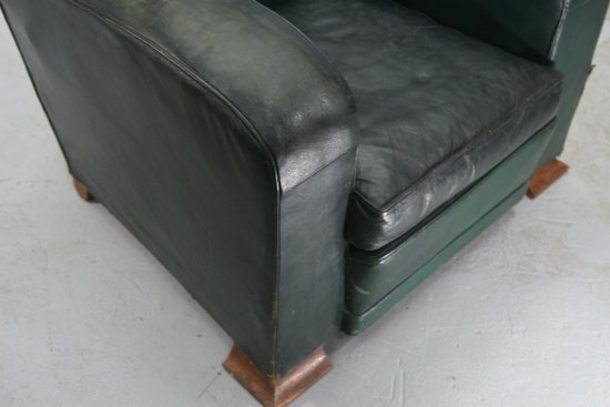 Club Armchair In Green Leather Art Deco Period 1940