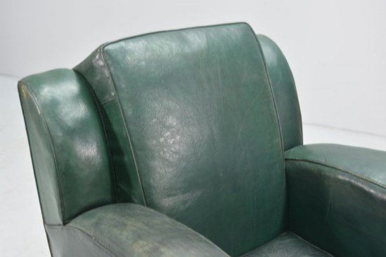 Club Armchair In Green Leather Art Deco Period 1940