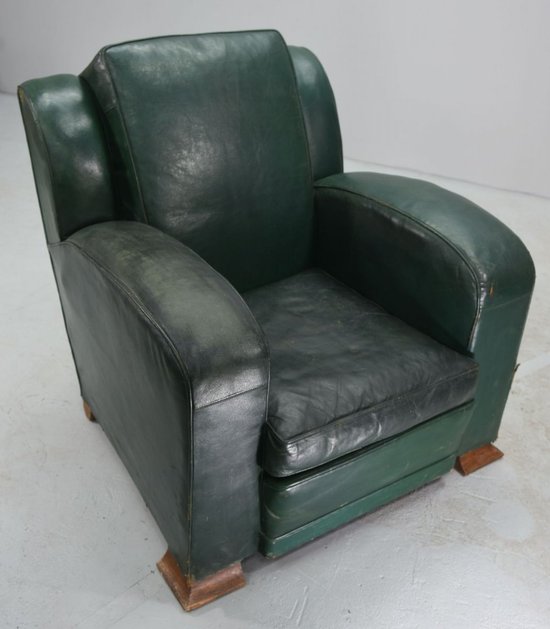 Club Armchair In Green Leather Art Deco Period 1940