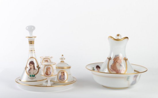 Milky White Opaline Water Set, Gold Fillet Design, Late 19th Century