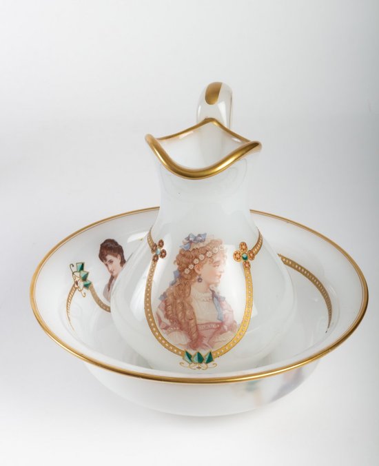 Milky White Opaline Water Set, Gold Fillet Design, Late 19th Century