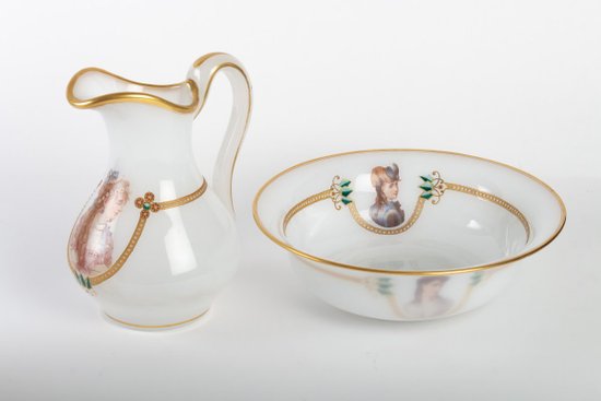 Milky White Opaline Water Set, Gold Fillet Design, Late 19th Century