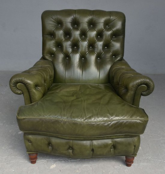 Olive Chesterfield Leather Armchair And Pouf