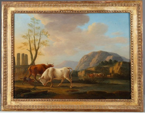 "Landscapes with cows", pair of oil on panel, signed Dieboldt