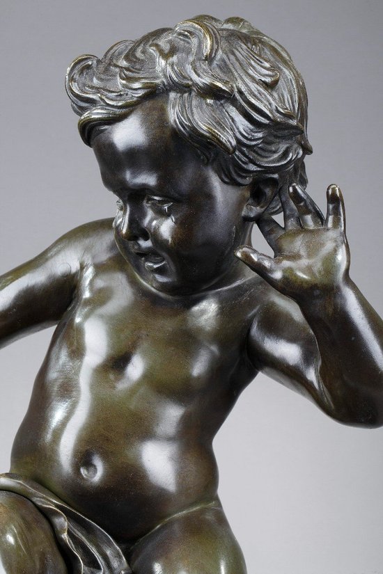 Scultura in bronzo, "bambino pizzicato da un gambero" dopo Jean-Baptiste Pigalle, XIX secolo