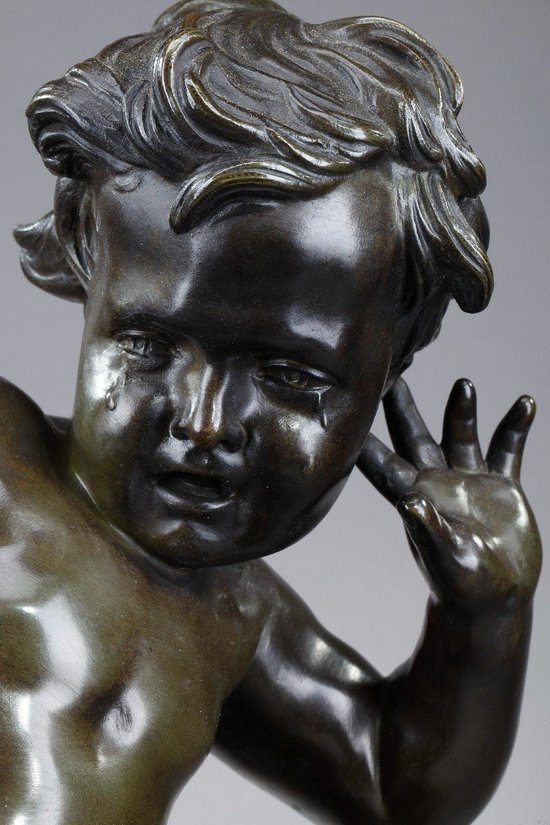 Scultura in bronzo, "bambino pizzicato da un gambero" dopo Jean-Baptiste Pigalle, XIX secolo