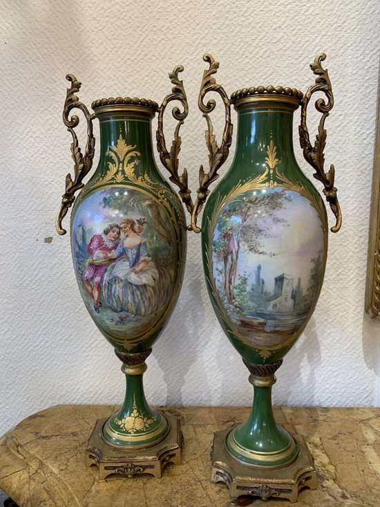 Pair Of Sèvres Porcelain Vases Decorated With Galant Scenes, Napoleon III period