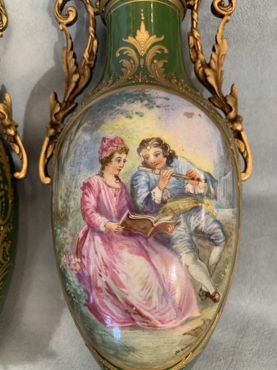 Pair Of Sèvres Porcelain Vases Decorated With Galant Scenes, Napoleon III period