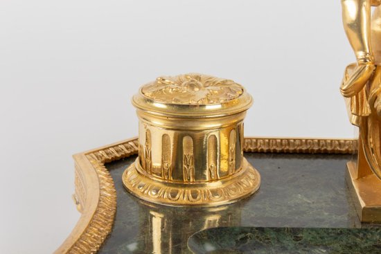 Gilt Bronze And Green Marble Inkwell Representing The Thinker After Michelangelo