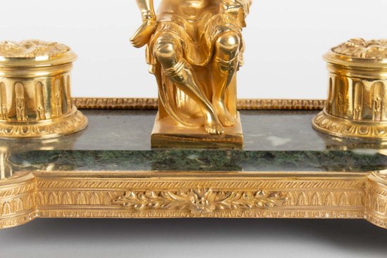 Gilt Bronze And Green Marble Inkwell Representing The Thinker After Michelangelo