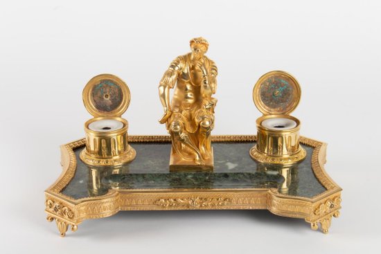 Gilt Bronze And Green Marble Inkwell Representing The Thinker After Michelangelo